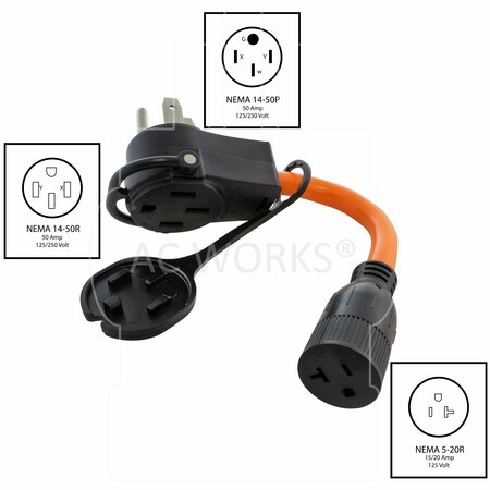 Ac Works 1FT 50 Amp 14-50 Piggy-Back Plug to Household 15/20 Amp Connector Adapter Cord PB1450520